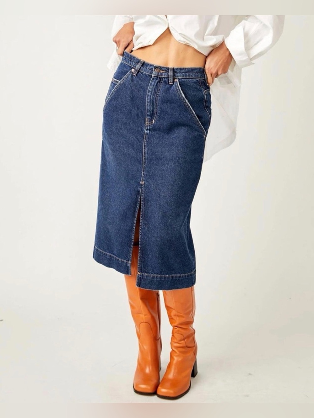 Free People Wild Roses Denim Midi Skirt Dark Blue Front Slit Boho Western 31